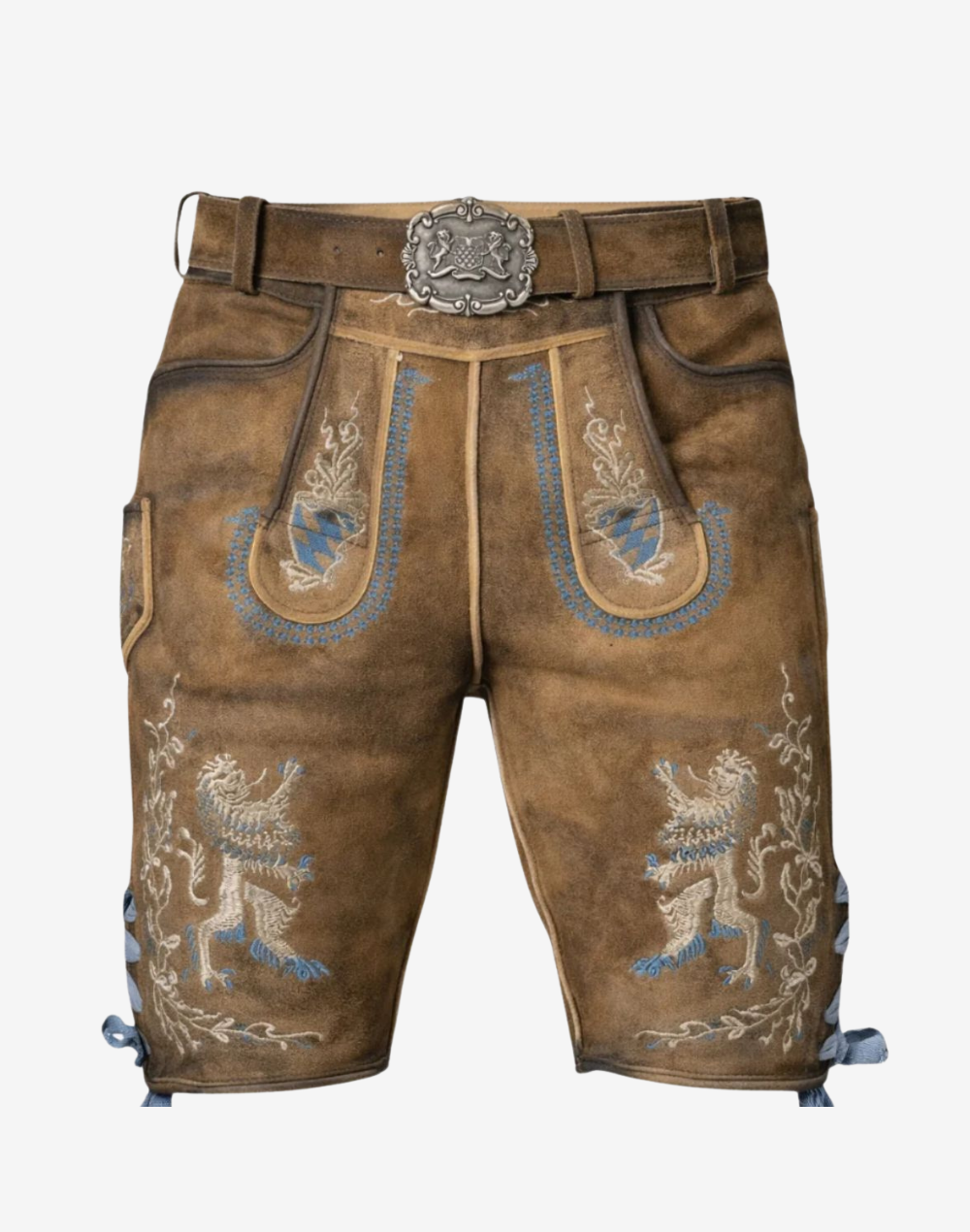 Front detail of mens brown short lederhosen featuring Bavarian lion embroidery, decorative flap, and traditional belt buckle