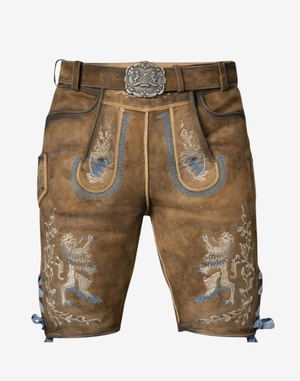 Front detail of mens brown short lederhosen featuring Bavarian lion embroidery, decorative flap, and traditional belt buckle