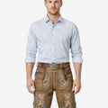 Model wearing mens brown short lederhosen with Bavarian embroidery and belt, traditional Oktoberfest leather shorts