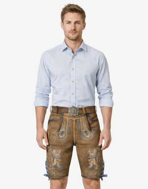 Model wearing mens brown short lederhosen with Bavarian embroidery and belt, traditional Oktoberfest leather shorts