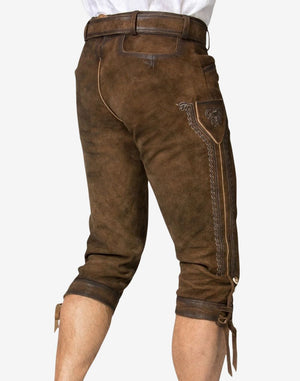 Angled rear view of premium leather bundhosen displaying back shaping, waistband detail and traditional Bavarian tailoring