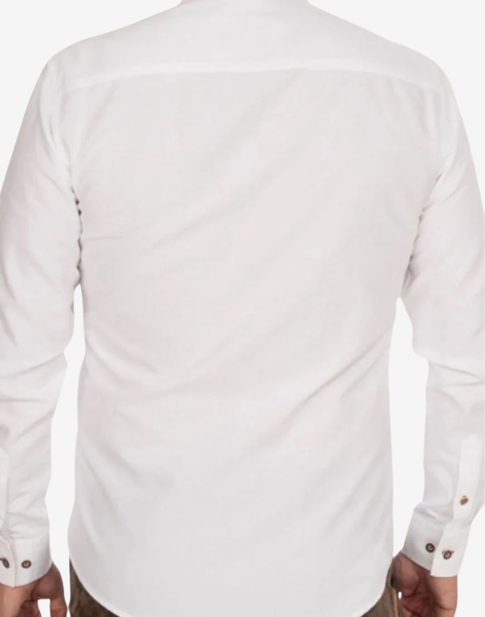Rear view of classic alpine men’s shirt showing smooth back structure, long sleeves and traditional Bavarian tailored fit design