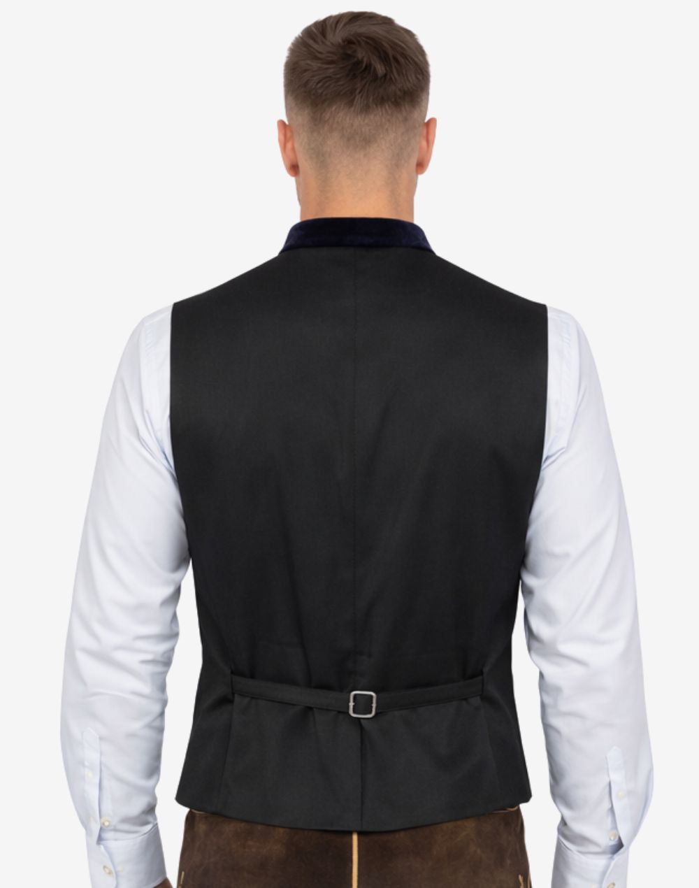 Back view of mens classic Bavarian waistcoat with adjustable strap, tailored fit and traditional Oktoberfest styling.