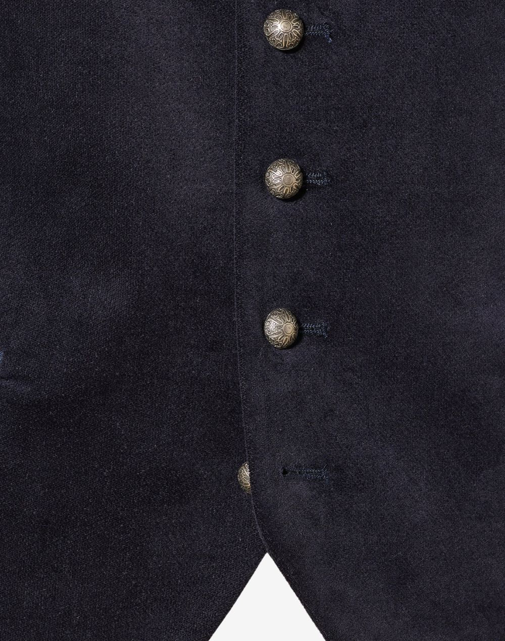 Close up of mens classic Bavarian waistcoat showing horn buttons, wool texture and traditional Trachten craftsmanship.