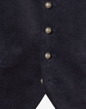 Close up of mens classic Bavarian waistcoat showing horn buttons, wool texture and traditional Trachten craftsmanship.