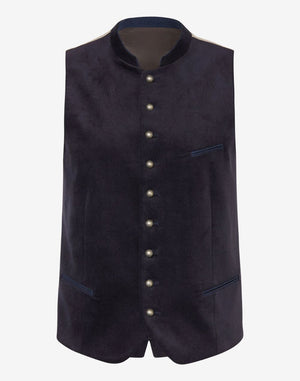 Mens classic Bavarian waistcoat in traditional Trachten style with horn buttons, wool fabric and elegant Oktoberfest design.