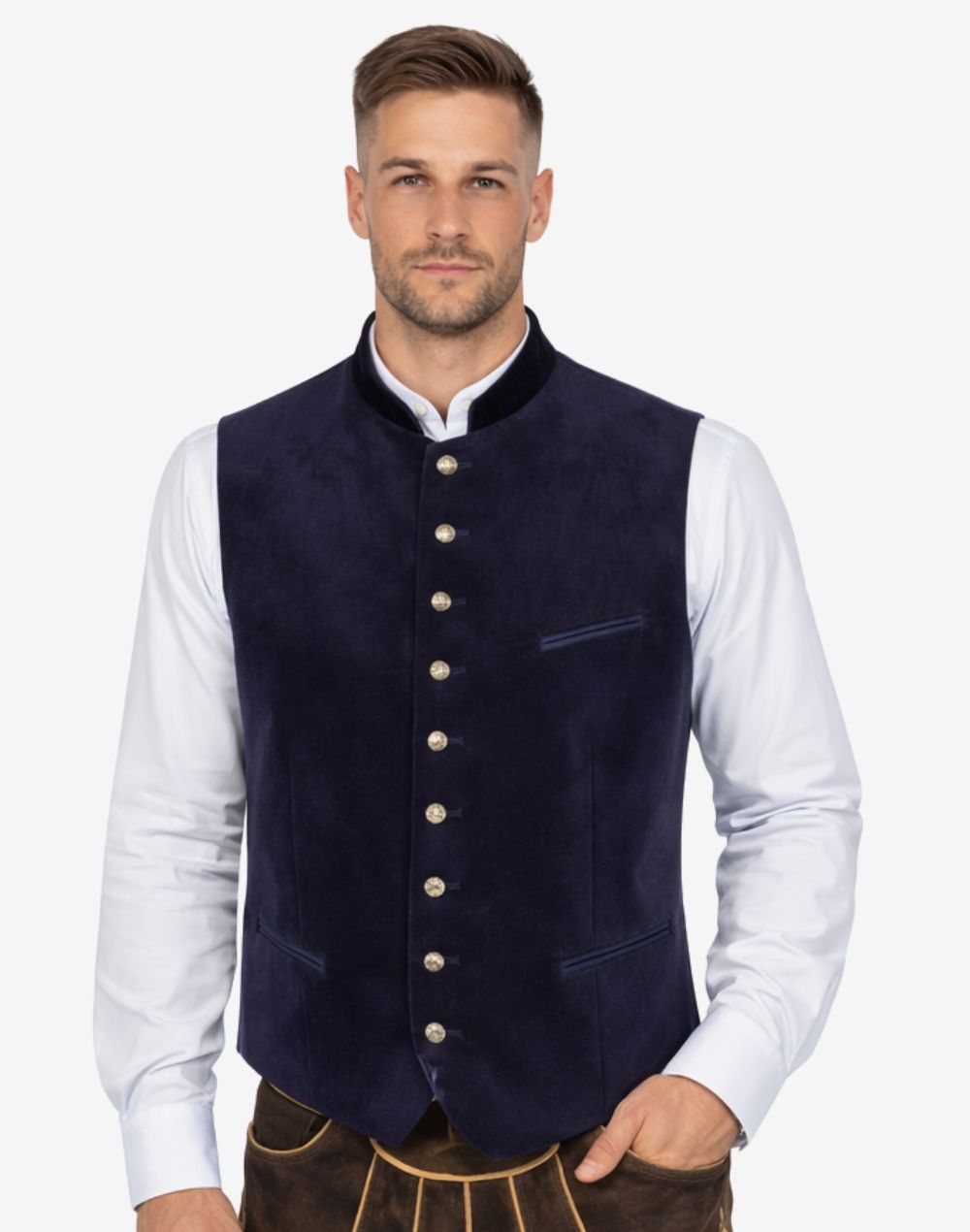 Model wearing mens classic Bavarian waistcoat paired with shirt and lederhosen for authentic Oktoberfest outfit.