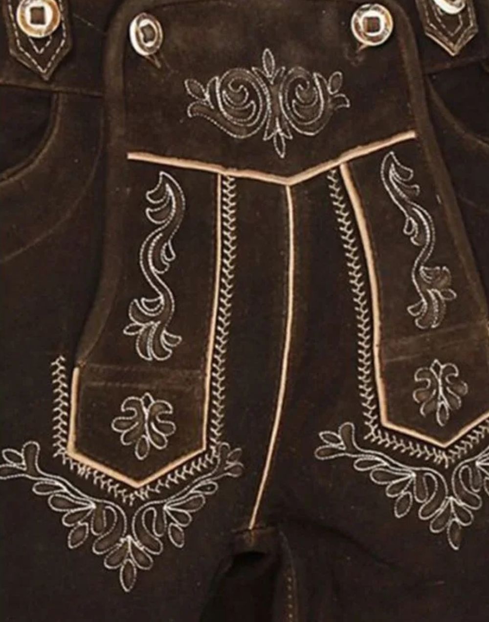 Detailed front embroidery on mens leather bundhosen highlighting decorative stitching, flap design and alpine styling