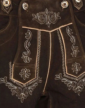Detailed front embroidery on mens leather bundhosen highlighting decorative stitching, flap design and alpine styling