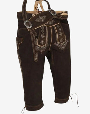 mens classic leather bundhosen featuring traditional embroidery, suspenders, front flap detail and knee length fit