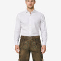 Model wearing mens classic Oktoberfest lederhosen in brown leather with Bavarian embroidery and traditional belt buckle