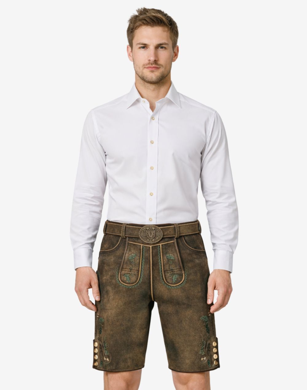 Model wearing mens classic Oktoberfest lederhosen in brown leather with Bavarian embroidery and traditional belt buckle