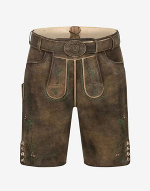 Mens Classic Oktoberfest Lederhosen brown suede shorts with belt buckle, green embroidery, buttoned leg cuffs