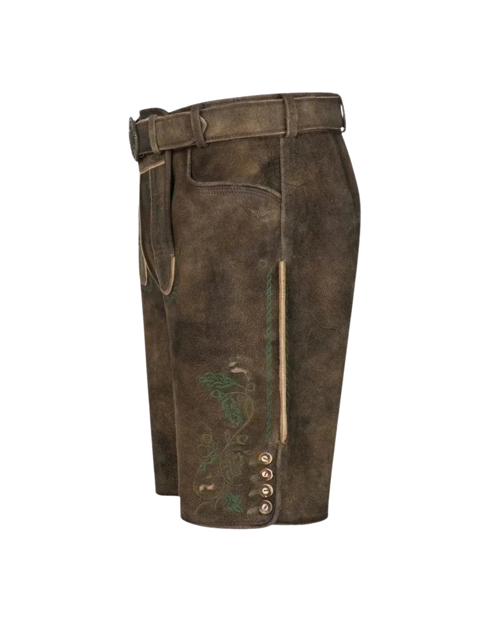Right side angle shows embroidery and pocket on Mens Classic Oktoberfest Lederhosen, brown suede, belt buckle