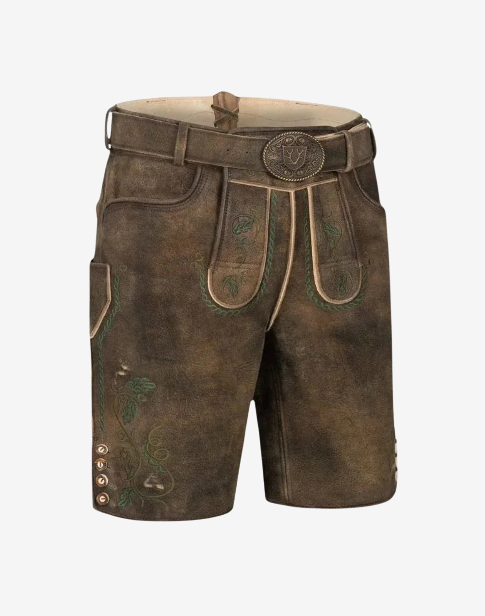 Oktoberfest Lederhosen Mens Classic front three quarter view, brown suede finish, traditional flap, green motifs
