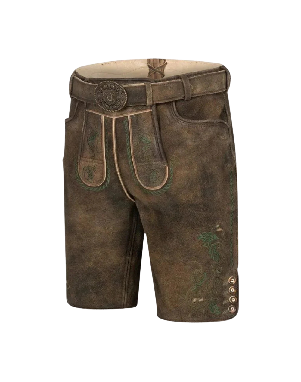 Clean profile highlights leg buttons and seam lines, Mens Classic Oktoberfest Lederhosen in vintage brown suede
