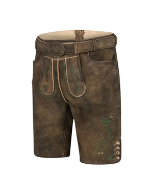 Clean profile highlights leg buttons and seam lines, Mens Classic Oktoberfest Lederhosen in vintage brown suede