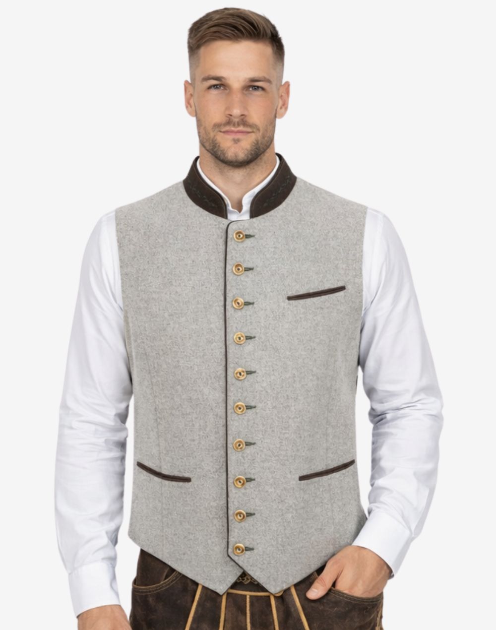 Model wearing mens classic Trachten waistcoat with grey wool fabric, brown collar and traditional Oktoberfest outfit styling.