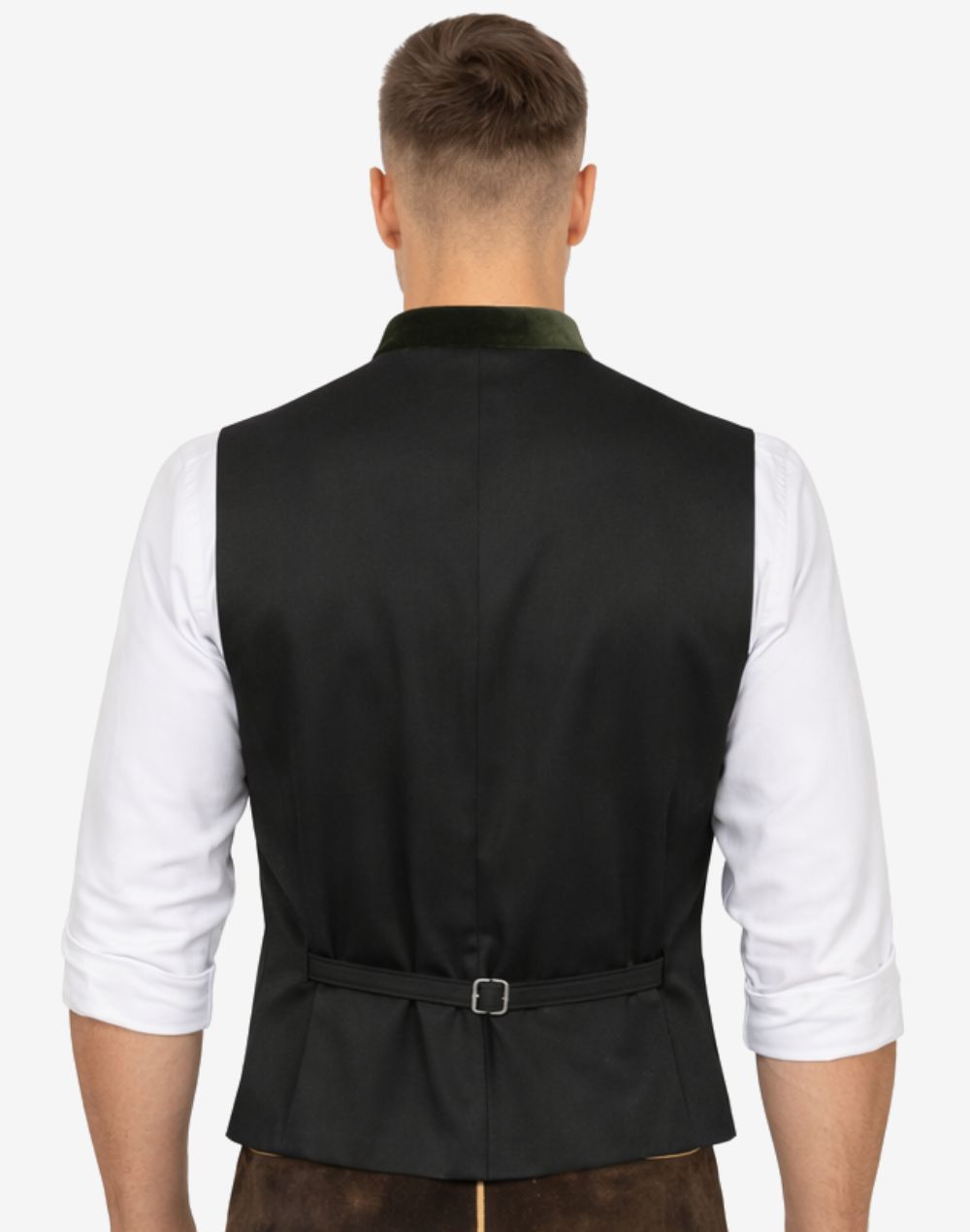 Back view of mens classic velvet German vest featuring adjustable strap, tailored fit and traditional Bavarian styling.