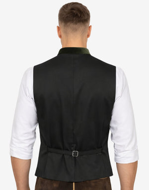 Back view of mens classic velvet German vest featuring adjustable strap, tailored fit and traditional Bavarian styling.