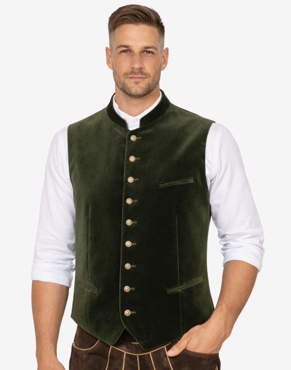 Model wearing mens classic velvet German vest paired with shirt and lederhosen for traditional Oktoberfest outfit.