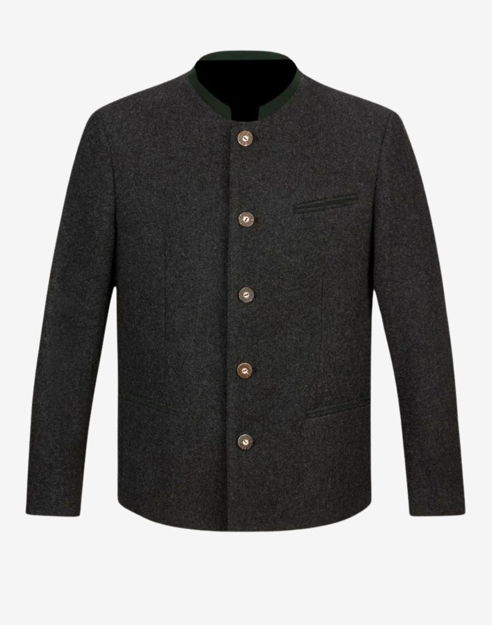 Front view of men’s wool Trachten jacket with stand collar, textured fabric and traditional Bavarian horn buttons.