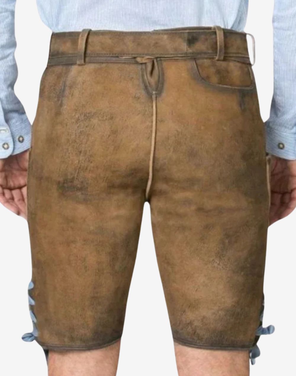 Back view of men’s brown leather lederhosen shorts with classic rear pockets