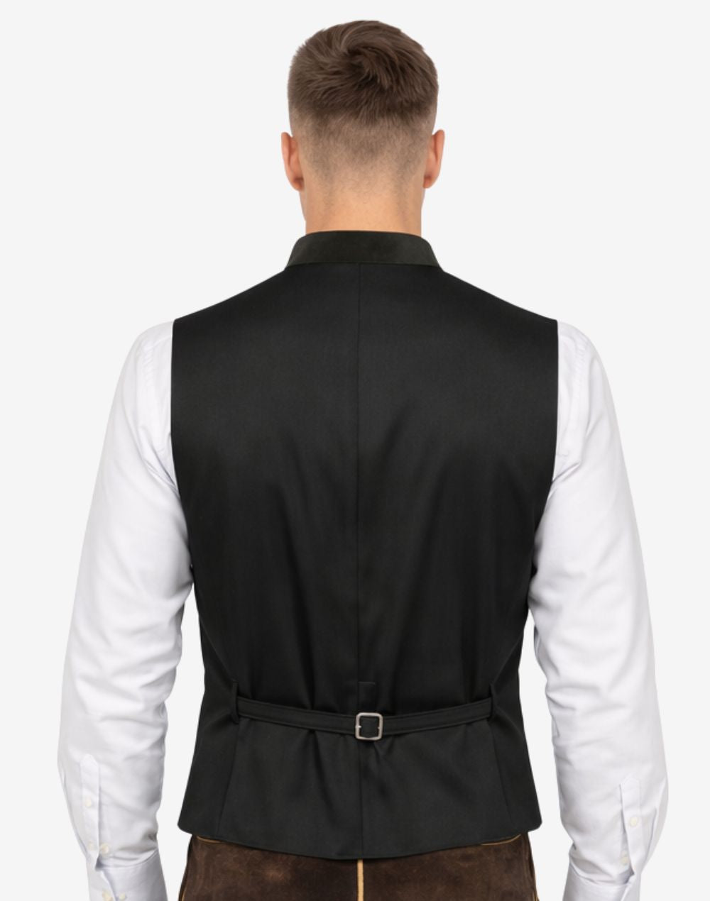 Back view of mens elegant Trachten vest with adjustable strap and classic Bavarian Alpine tailoring for traditional wear.