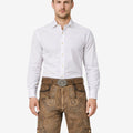 Model wearing mens festival lederhosen outfit with traditional Bavarian leather shorts and decorative Oktoberfest belt