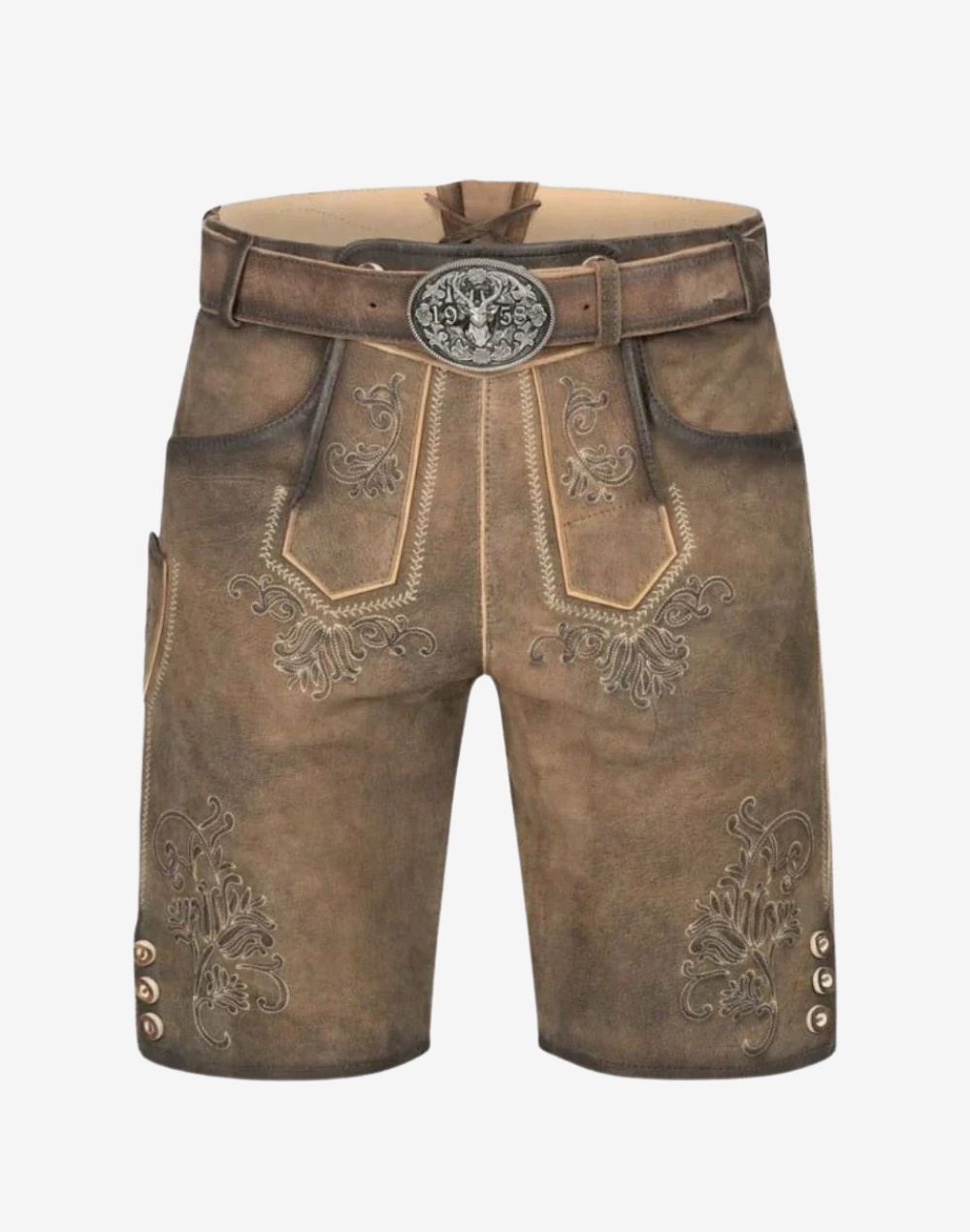 Main image alt text: Mens Festival Lederhosen Outfit front view with belt buckle and tan suede embroidery