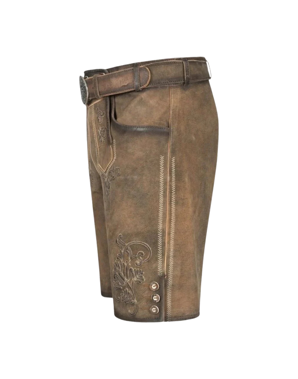 Lederhosen Outfit Mens Festival right side view with stitched seam and buttoned hem