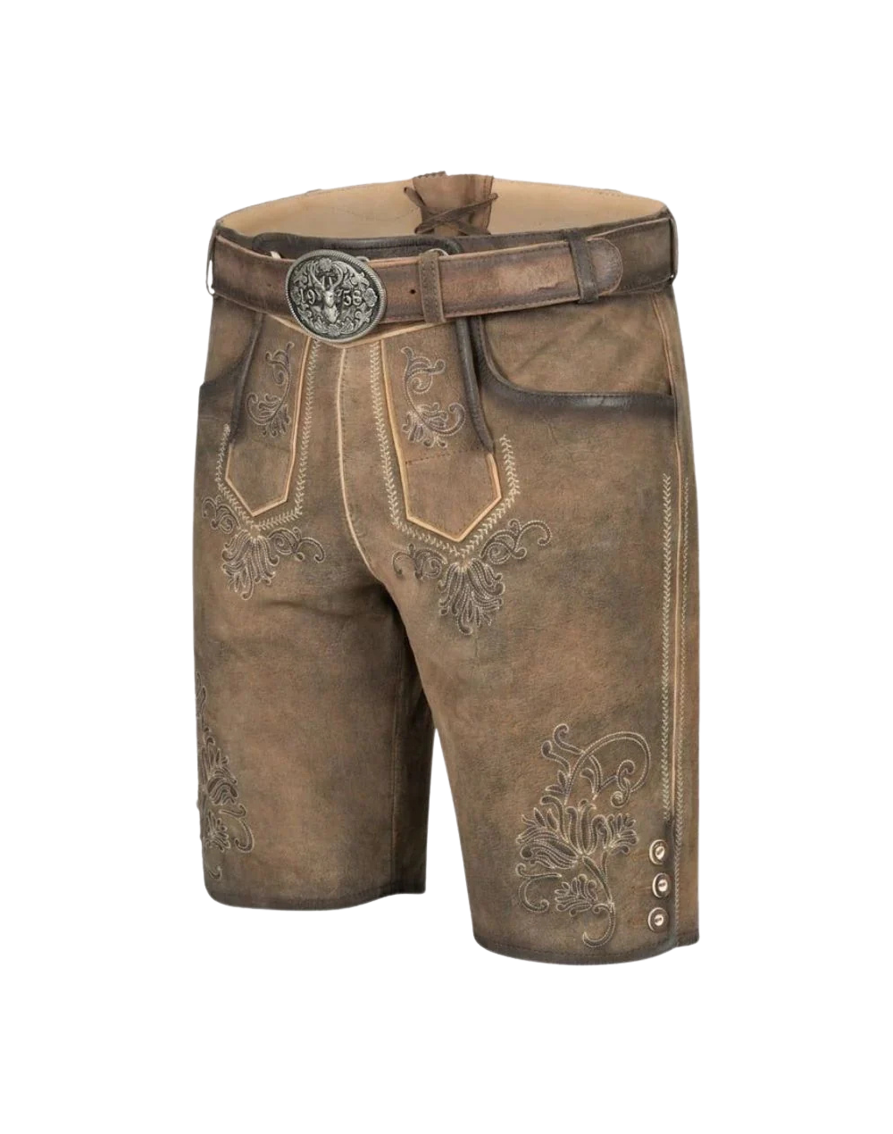 Three quarter view highlighting belt buckle and embroidery on this Mens Festival Lederhosen Outfit