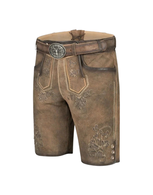 Three quarter view highlighting belt buckle and embroidery on this Mens Festival Lederhosen Outfit