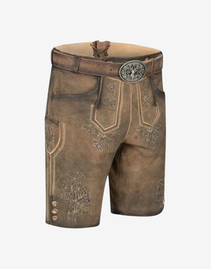 Angled front view of suede shorts with decorative stitching Mens Festival Lederhosen Outfit