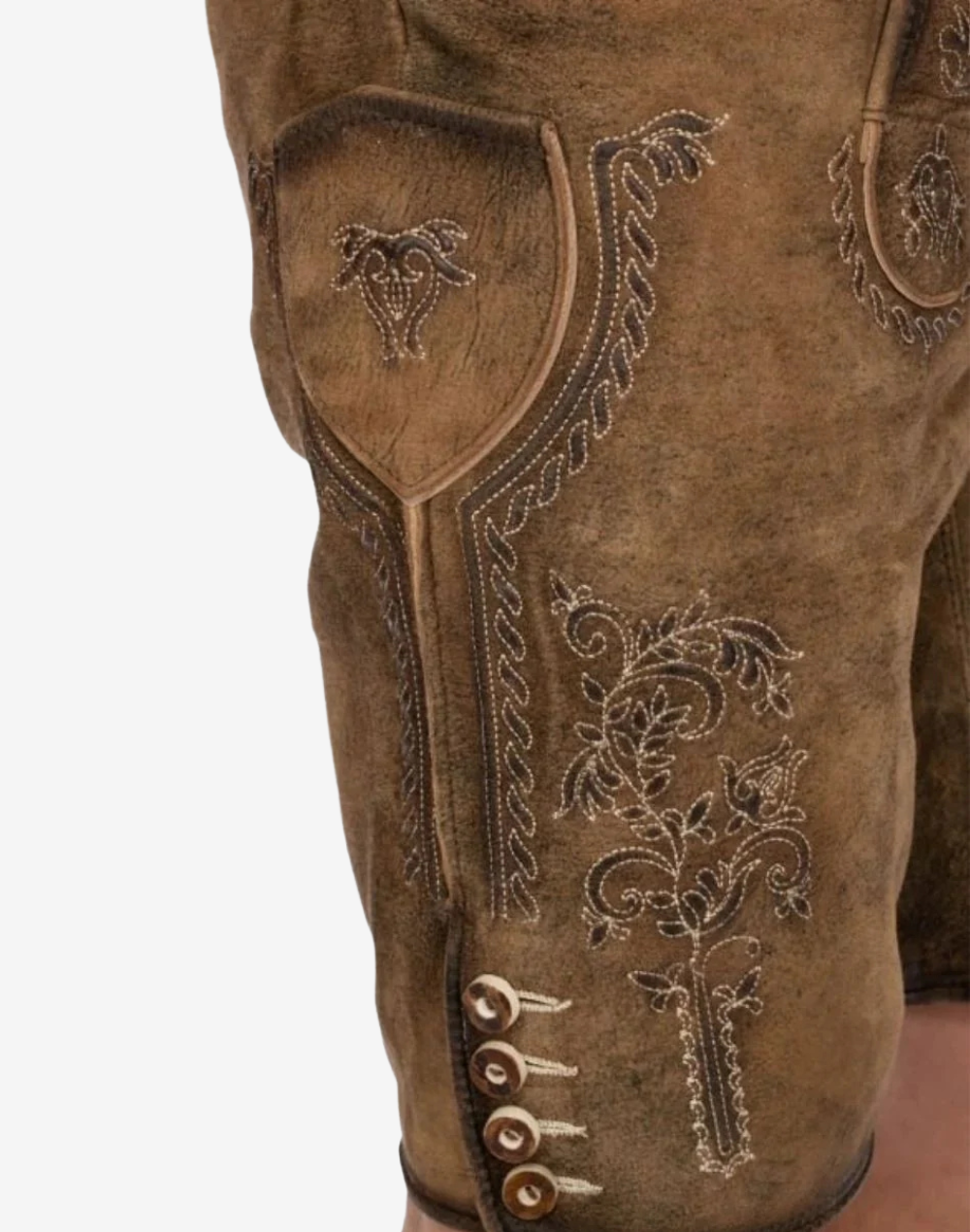 Mens Forest Stag Lederhosen close-up of side embroidery detailing and button accents on tan suede leather leg