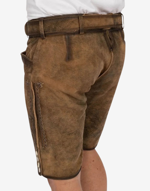 Mens Forest Stag Lederhosen side view with stitched pocket panel, decorative embroidery, and vintage suede leather finish