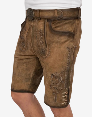 Mens Forest Stag Lederhosen angled front view showing bib embroidery, contrast piping, and buttoned leg hem accents