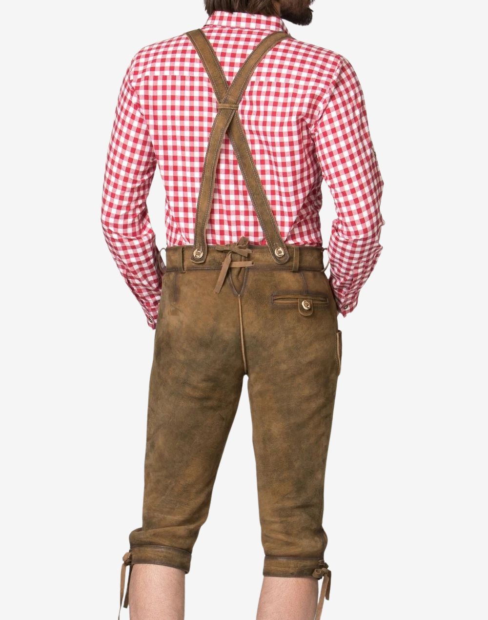 Back wearing view of traditional German bundhosen with crossed suspenders, lace adjustment and authentic Oktoberfest look.
