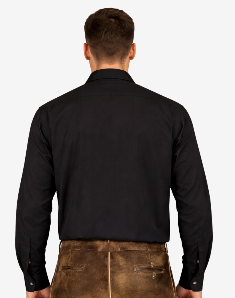 Model wearing Mens German Trachten Shirt black rear view highlighting clean back panel and tailored Bavarian fit