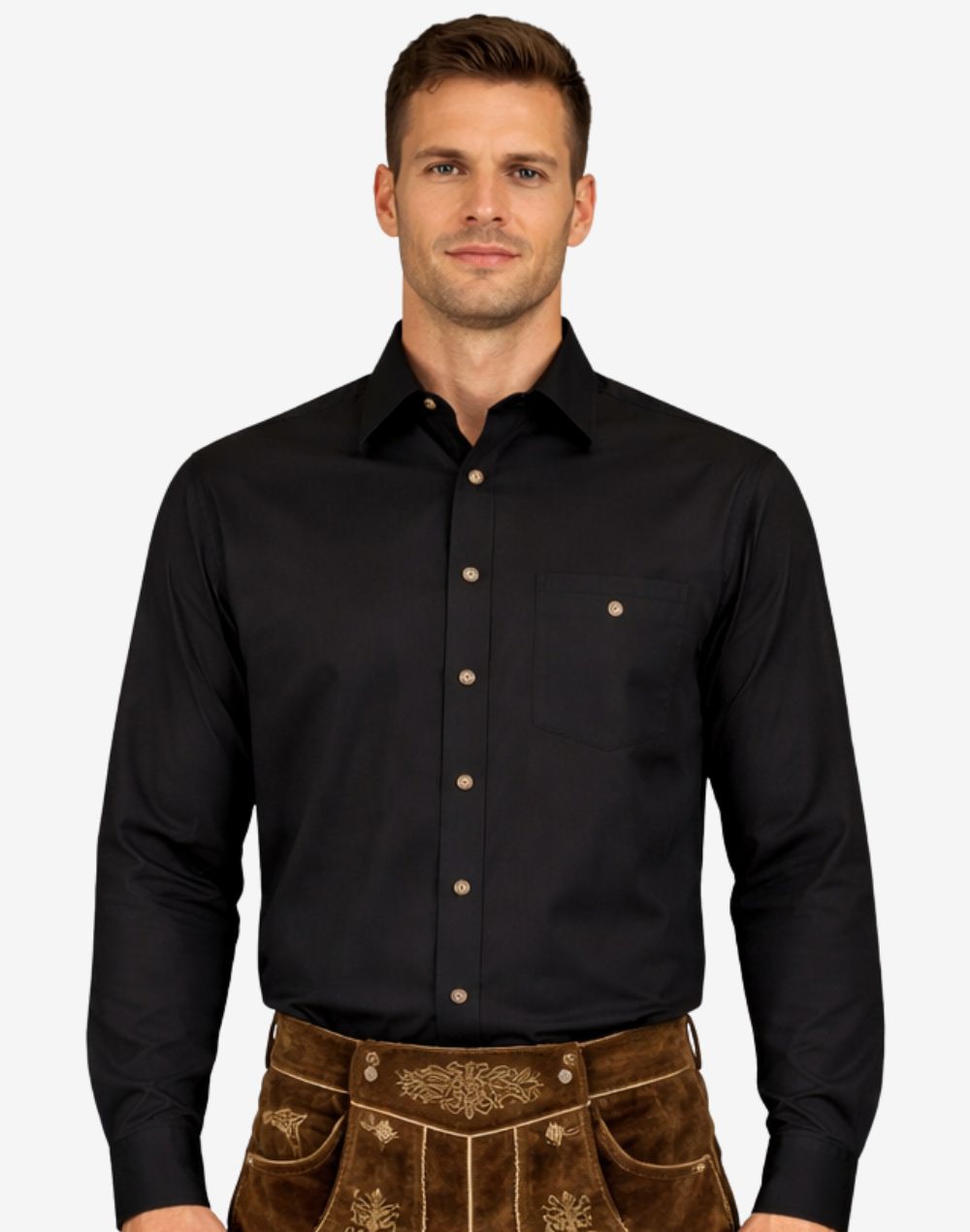 Model wearing Mens German Trachten Shirt in black front view showing button closure, chest pocket and fitted design
