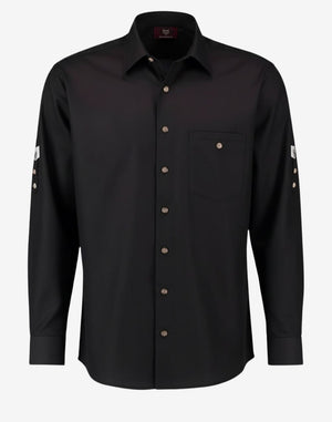 mens German Trachten shirt in plain black color featuring traditional button front, classic collar and alpine fit