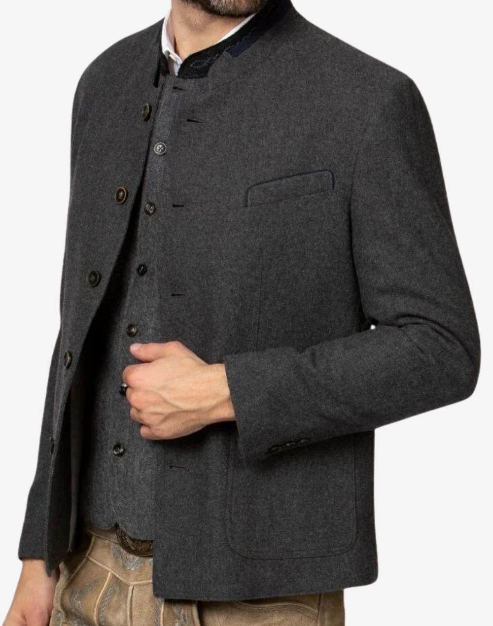 Angled view of model wearing gray Bavarian jacket with traditional buttons, wool fabric and classic Oktoberfest styling.