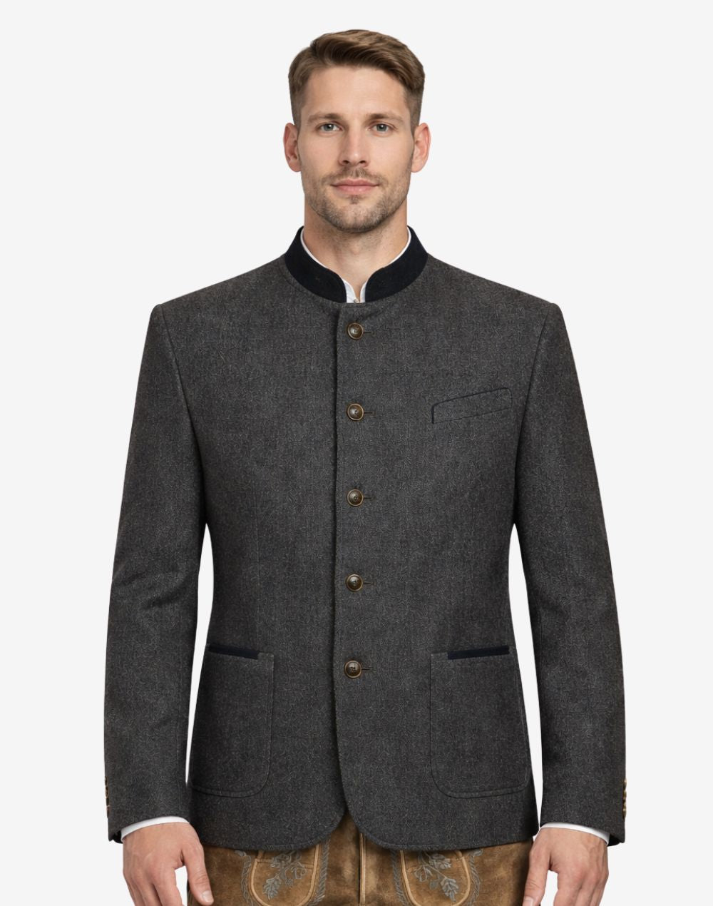Front portrait view of model wearing gray Trachten jacket highlighting wool texture, stand collar and Bavarian tailoring.