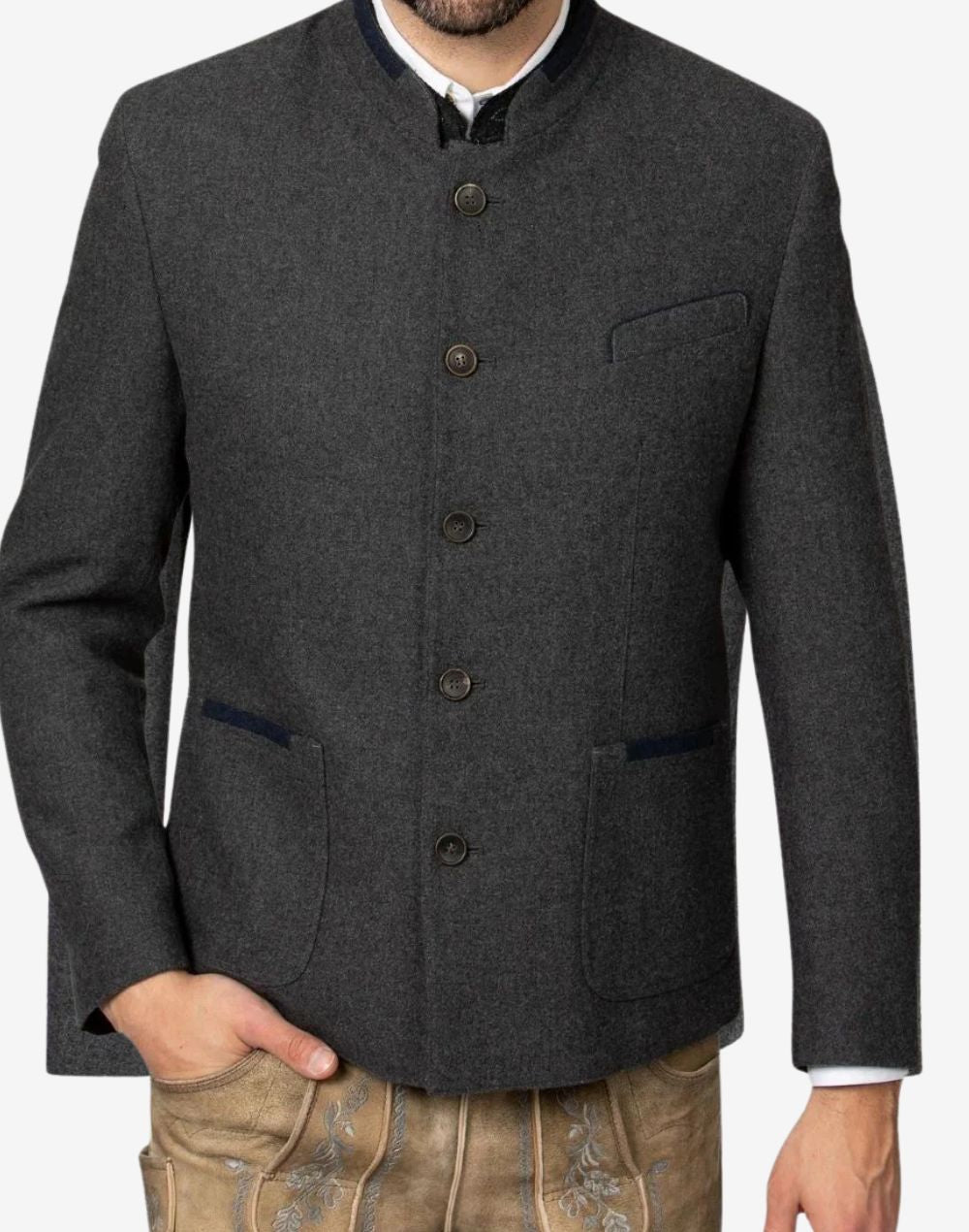 Model wearing gray wool Bavarian jacket front view showing classic buttons, structured fit and traditional Oktoberfest style.