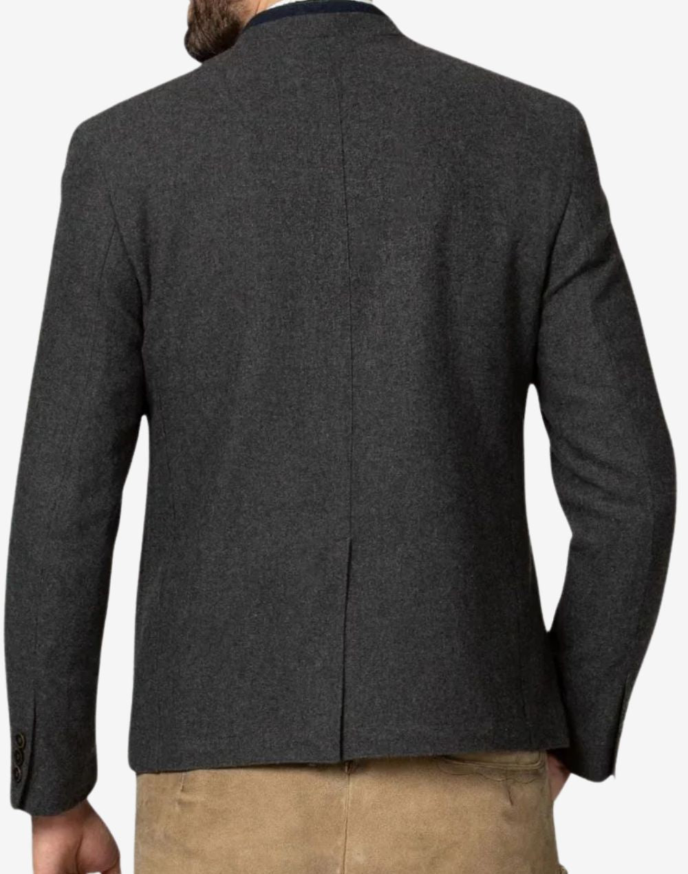 Back view of gray wool Bavarian jacket showing tailored seams, structured shoulders and traditional Trachten silhouette.