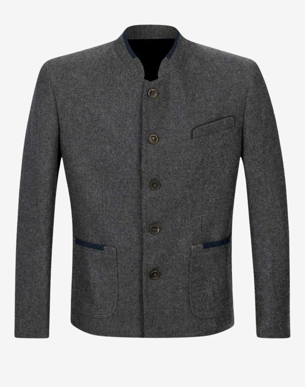 Front product view of mens gray wool Bavarian jacket featuring stand collar, button closure and traditional Trachten tailoring.