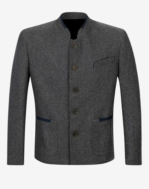 Front product view of mens gray wool Bavarian jacket featuring stand collar, button closure and traditional Trachten tailoring.