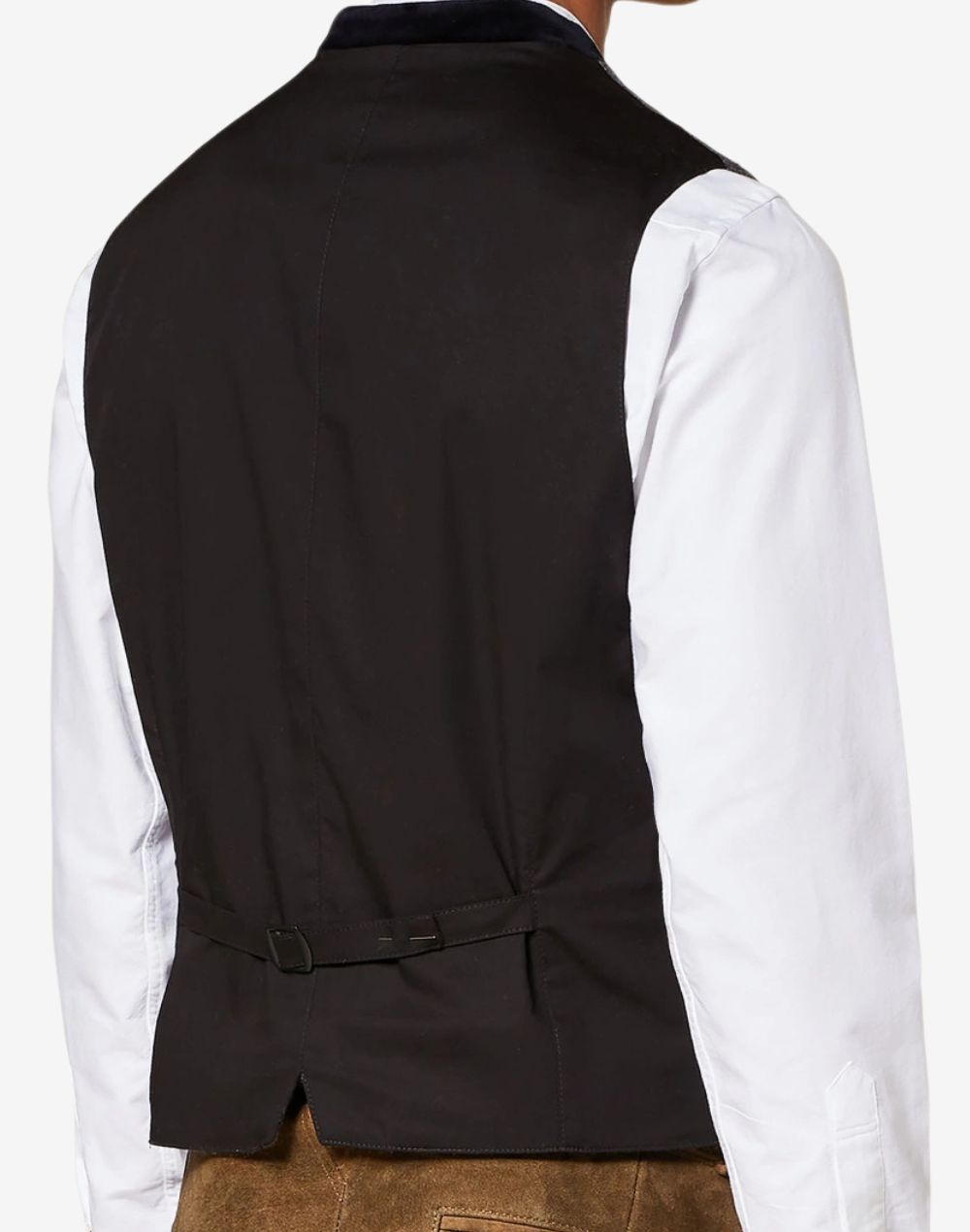 Back view of mens gray wool Trachten vest with adjustable strap, tailored fit and authentic Bavarian Oktoberfest styling.