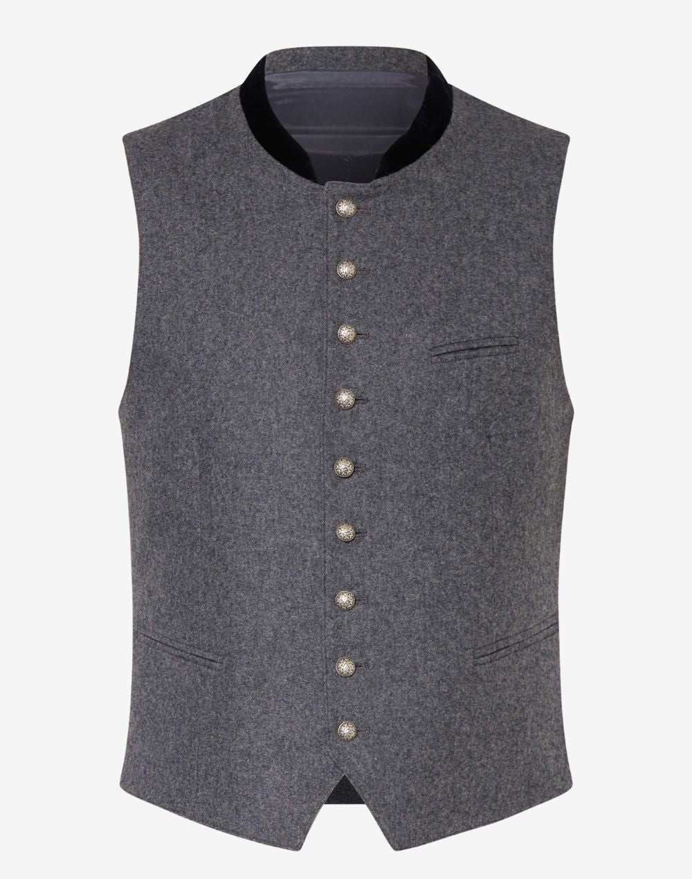 Mens gray wool Trachten vest in classic Bavarian style featuring horn buttons, premium wool fabric and traditional Oktoberfest design.