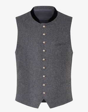 Mens gray wool Trachten vest in classic Bavarian style featuring horn buttons, premium wool fabric and traditional Oktoberfest design.